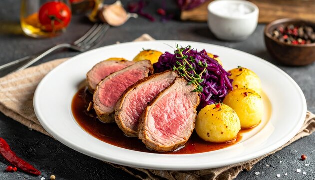 Entenbrust mit Apfelrotkohl und Kartoffelkl&ouml;&szlig;en