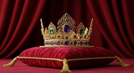 Ornate golden crown with jewels atop a red pillow, against a draped red backdrop