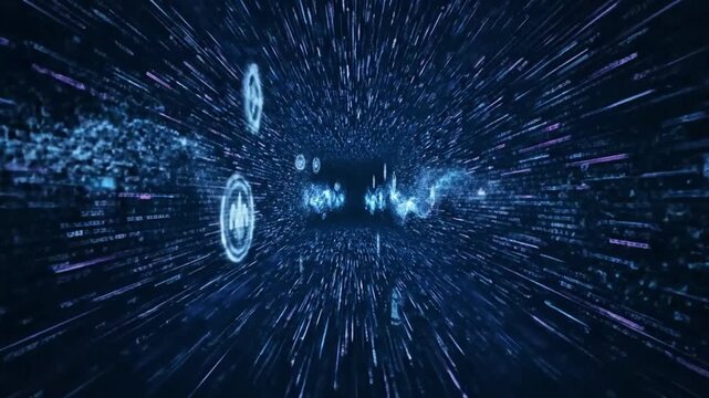 Dynamic digital data flow within an abstract virtual tunnel, showcasing the rapid transfer of information and interconnected networks in a modern technological landscape