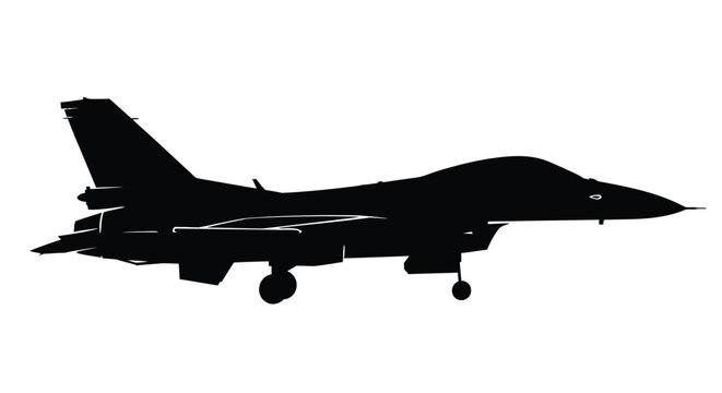 Silhouette of a fighter jet likely an f 16 in a side profile view
