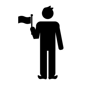 Professional Tour Guide Silhouette Wearing Backpack and Holding a Guider Flag Isolated on Plain White Background