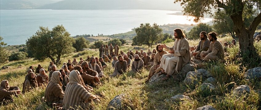 Jesus teaching the crowd on the Sermon on the Mount with the sea in the background. Biblical scene from the Gospel of Matthew. Banner with copy space