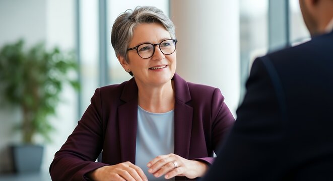 Professional mature businesswoman smiling in corporate office meeting discussion with colleague