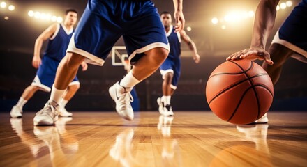 Naklejka premium Basketball player dribbling ball on court in action under bright lights dynamic sports competition
