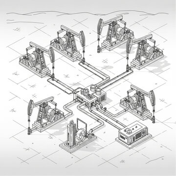 Isometric illustration of an oil field with multiple pumpjacks connected by pipelines.