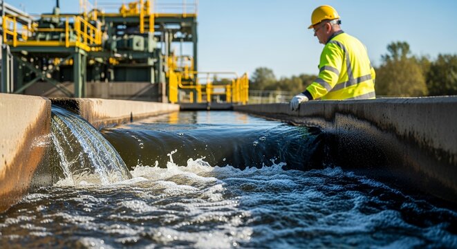 Wastewater treatment engineer inspecting plant operations with water flow and industrial equipment