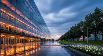 Fototapeta premium Modern data center exterior at dusk with glowing server lights and 