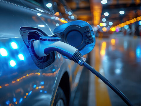 Hydrogen fueling nozzle docking into a zero-emission vehicle, glowing white-blue energy flow and light steam visualizing clean hydrogen mobility