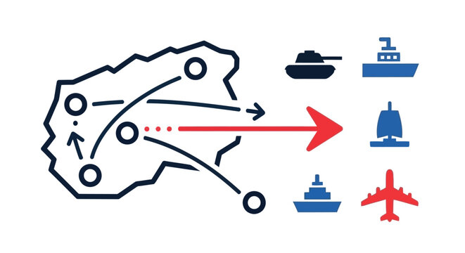 Military logistics and transport diagram showing routes and various vehicles
