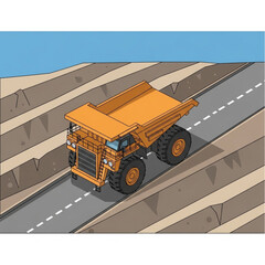 A large, orange mining dump truck driving on a road through a quarry with dirt mounds. © Mbemz