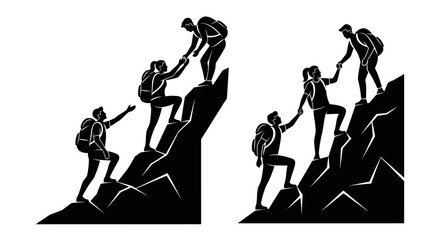 Teamwork and support people helping each other climb a rocky mountain