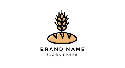 Simple and clean logo design featuring a loaf of bread with a wheat stalk on top, representing bakery or food business. © Mbemz