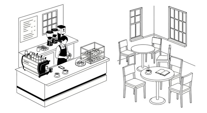 Isometric illustration of a cozy cafe interior with a barista and seating