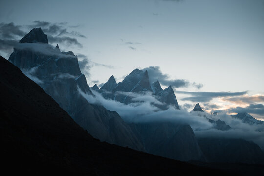 Trango towers in karakoram mountains at sunset. Paiju koburtse
