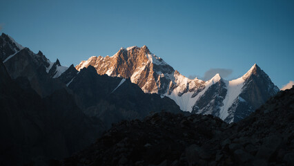 Trango towers k2 region illuminating karakoram mountain landscape. Paiju koburtse