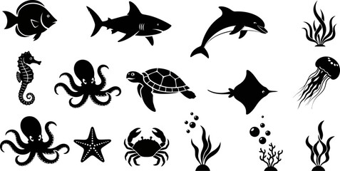 black silhouettes of various sea creatures and plants on white background © Afia