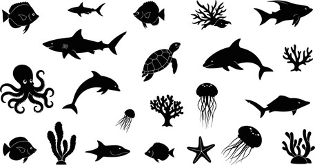 Black silhouettes of various sea creatures and coral on white background © Afia