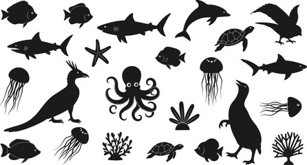 black silhouettes of various sea animals and plants on white background © Afia