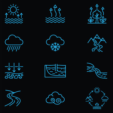 Water Cycle and Hydrology Blue Line Icon Set on Black Background.