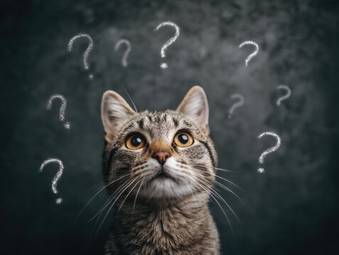 curious cat with question marks