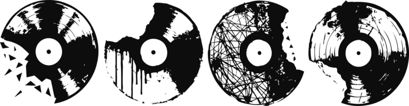 broken vinyl records set with various cracks and missing pieces