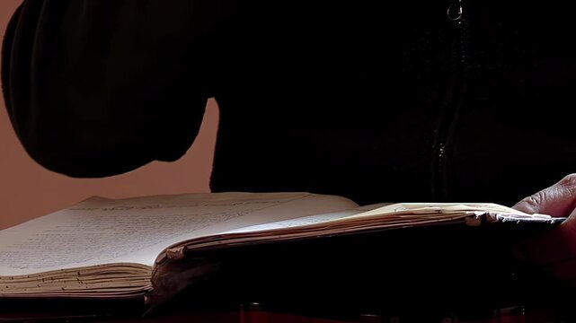 Man Turning Pages of Old Book, Close Up Hands Reading Antique Volume - 4K