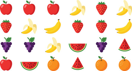 Colorful fruit icon set with apple banana strawberry grape watermelon and orange simple flat healthy food vector illustration © MdMostafijur
