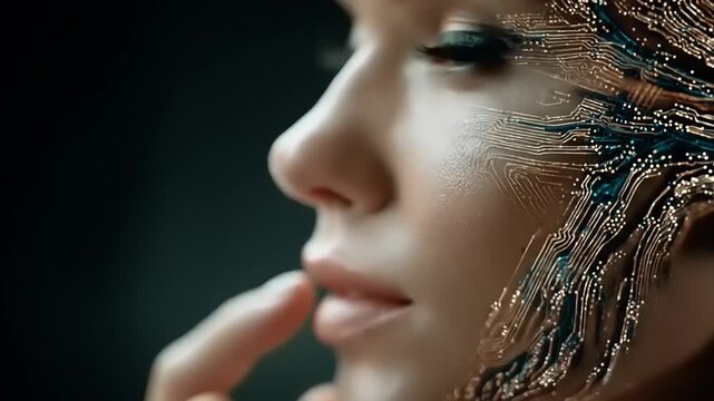 Digital Beauty: Portrait of a Young Woman with Abstract Electronic Circuitry Displayed on Face Future