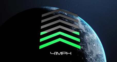 Fototapeta premium Showing stacked chevrons over partially lit Earth in space, with neon green chevrons and white logo