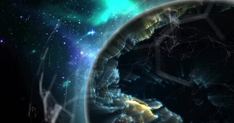 Fototapeta premium Showing partial planet globe glowing in orbit with golden terminator and teal aurora, mesh overlay