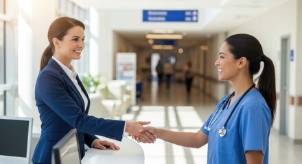 Fototapeta premium Two professional women are shaking hands in a hospital hallway. A businesswoman in a suit and a nurse in scrubs are exchanging a firm handshake.