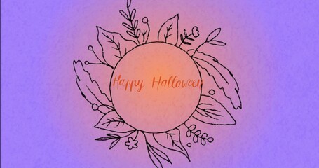 Obraz premium Displaying centered orange emblem reading Happy Halloween on lavender gradient, with black wreath