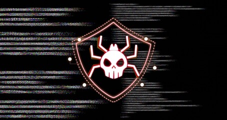 Fototapeta premium Glowing neon shield emblem pulsing in digital background, showing skull spider, nodes, RGB noise