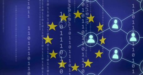 Naklejka premium Displaying circular yellow stars centered on blue backdrop, showing binary code and network nodes