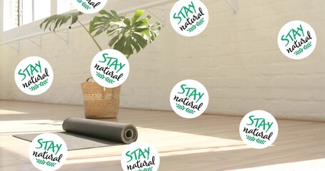 Lying rolled black yoga mat atop exercise mat in bright corner, Monstera and STAY natural stickers