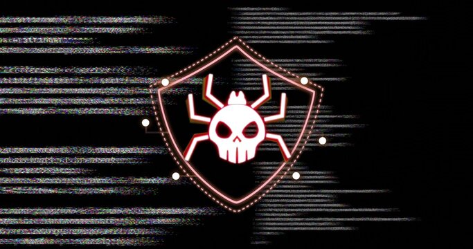 Glowing neon shield emblem pulsing in digital background, showing skull spider, nodes, RGB noise