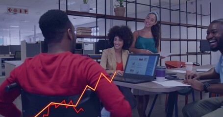 Meeting four coworkers wearing red sweater, beige blazer at open office with laptop charts