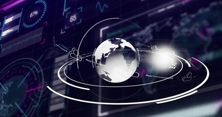 Fototapeta premium Displaying stylized globe rotating in virtual 3D dashboard, with orbital rings, HUD 67%, readout 65