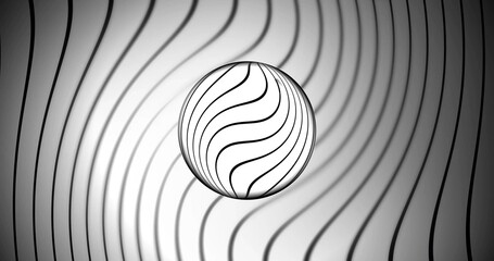 Floating glossy glass sphere refracting black wavy lines on studio striped plane, radial highlight