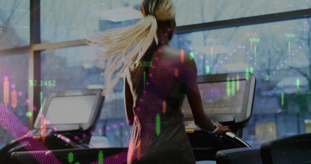 Running woman in dark workout wear using treadmill with console by big window, with stock charts