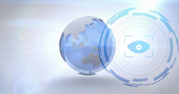 Floating clear 3D globe and circular HUD occupying center of digital canvas, with circuit lines