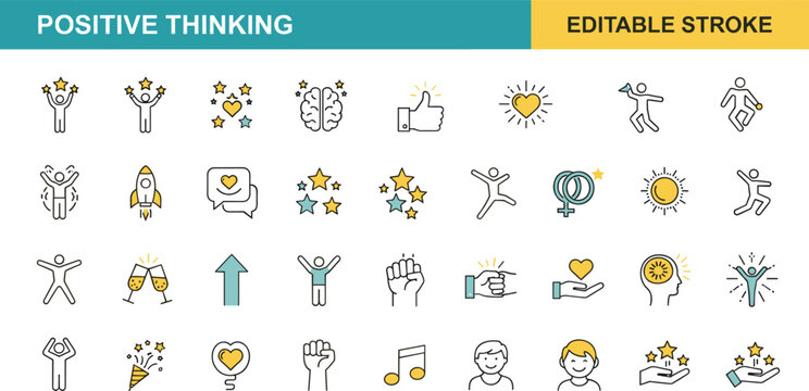 Positive thinking and motivation editable stroke icon set including happiness, success, confidence, celebration, inspiration, heart, sun, and uplifting symbols