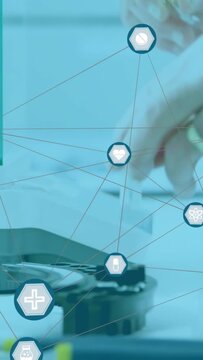 Vertical video: Clinician reaching for vial drawing syringe for dose, med icons floating over hands