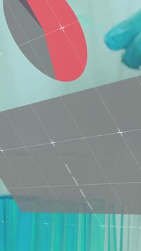 Lab tech's gloved hand entering, placing swab over tubes, starting moving overlay showing bar chart