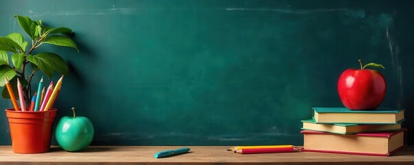 A vibrant educational template featuring colorful school supplies and a chalkboard for learning activities, supplies, design