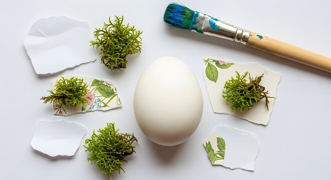 White egg with green moss torn floral paper paintbrush flat lay