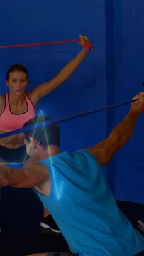Vertical video: Man starting band pull while woman anchoring, ECG syncing to pulls for fitness