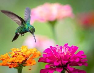 Fototapeta premium Hummingbird in Flight - A Vibrant Garden Scene.