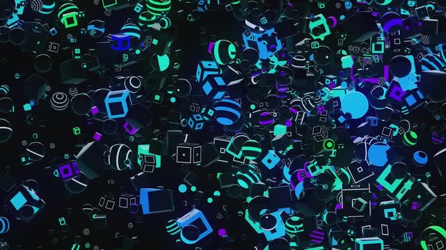 Seamless loop of a dense geometric swarm with glowing neon patterns for VJ sets, high-tech club visuals,  electronic music festivals, stage screens and for LED video walls