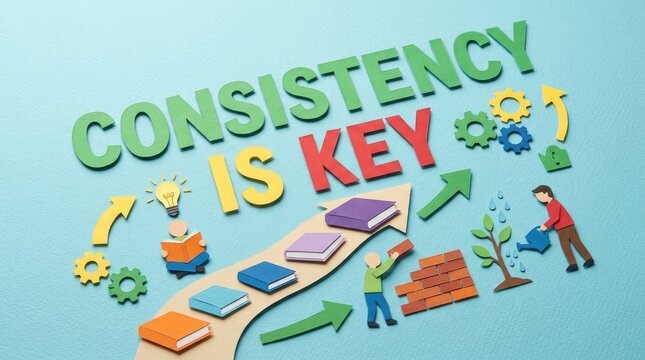 The image emphasizes the importance of consistency as a key to success. Large, bold text reads "CONSISTENCY IS KEY" in green and black.